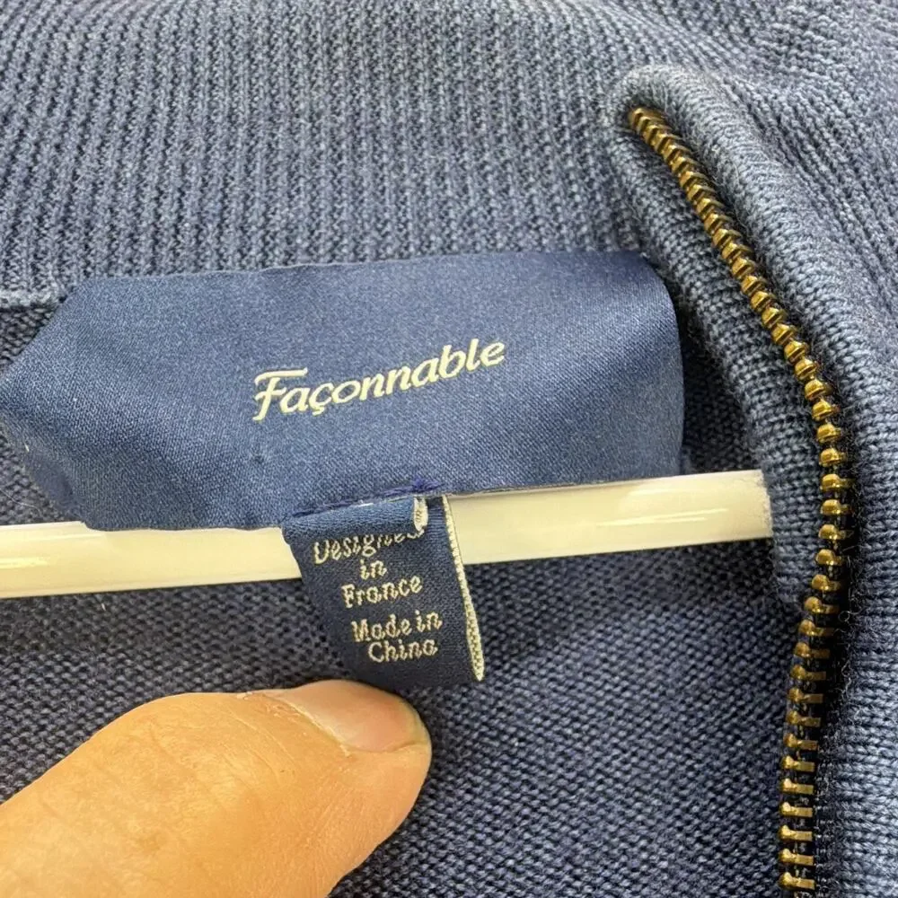 Façonnable Mens XL Blue Cable Knit Wool Quarter Zip Mock Neck Pullover Sweater